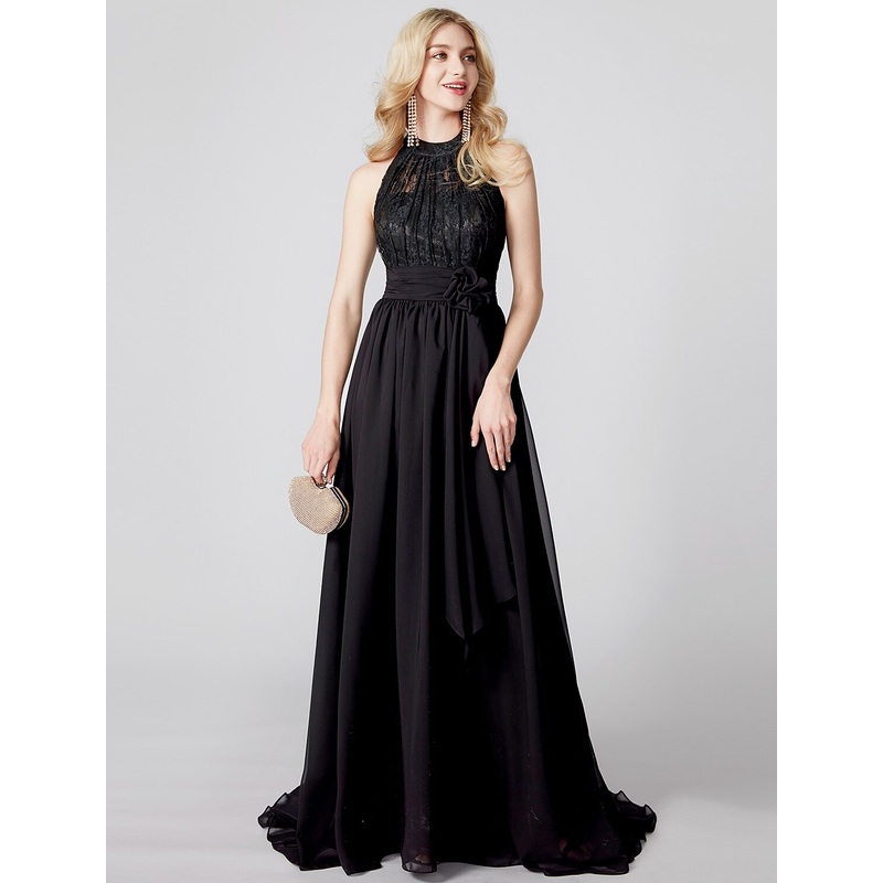 A-Line Elegant Minimalist Prom Formal Evening Dress Halter Neck Sleeveless Sweep / Brush Train Chiffon Corded Lace with Sash / Ribbon Pleats