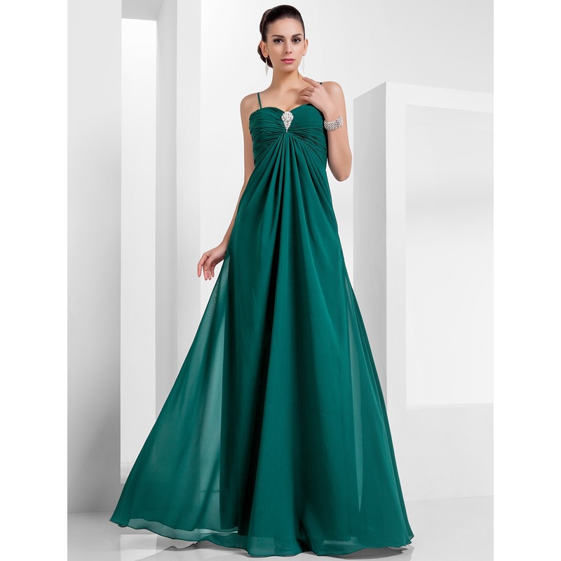 A-Line Empire Holiday Formal Evening Dress Spaghetti Strap Sleeveless Floor Length Chiffon with Crystals