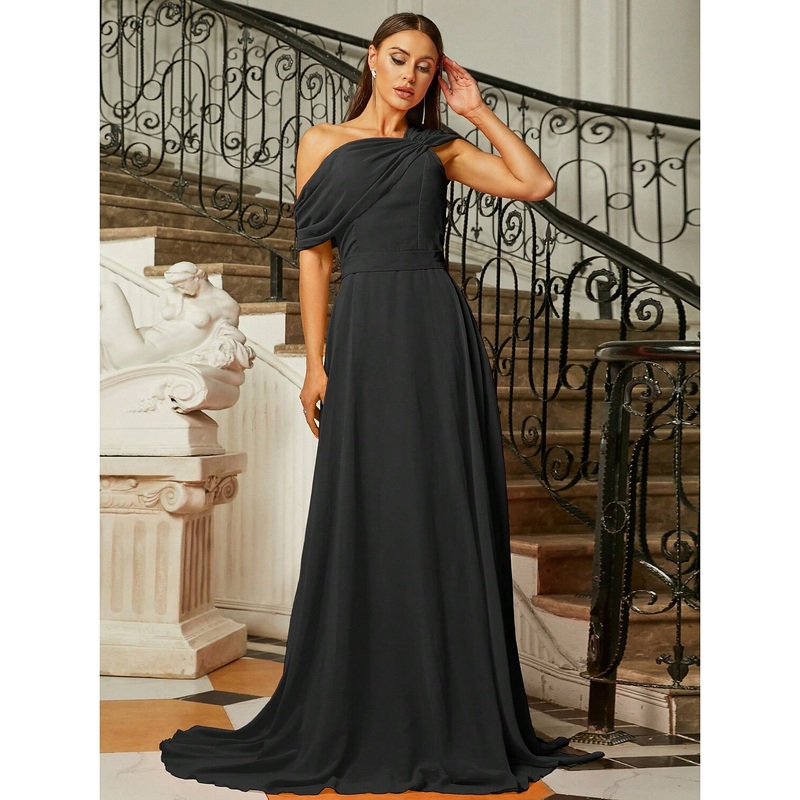 A-Line Evening Gown Elegant Dress Formal Fall Sweep / Brush Train Short Sleeve One Shoulder Stretch Fabric with Pleats Ruched