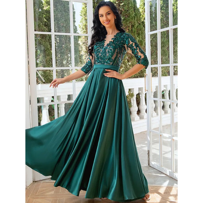 A-Line Evening Gown Elegant Dress Wedding Party Floor Length Half Sleeve Illusion Neck Satin with Pleats Sequin Slit