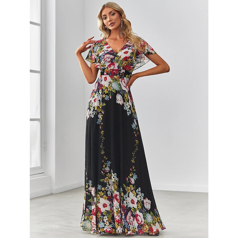 A-Line Evening Gown Floral Dress Birthday Floor Length Short Sleeve V Neck Chiffon with Pattern / Print