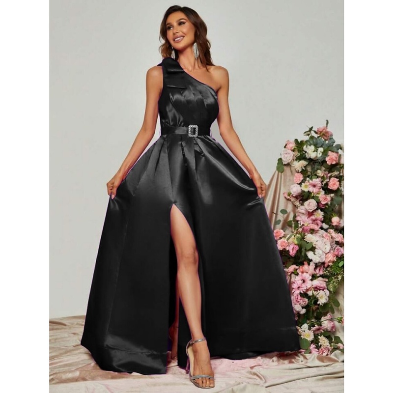 A-Line Evening Gown Party Dress Formal Fall Floor Length Sleeveless One Shoulder Satin with Pleats Slit Strappy