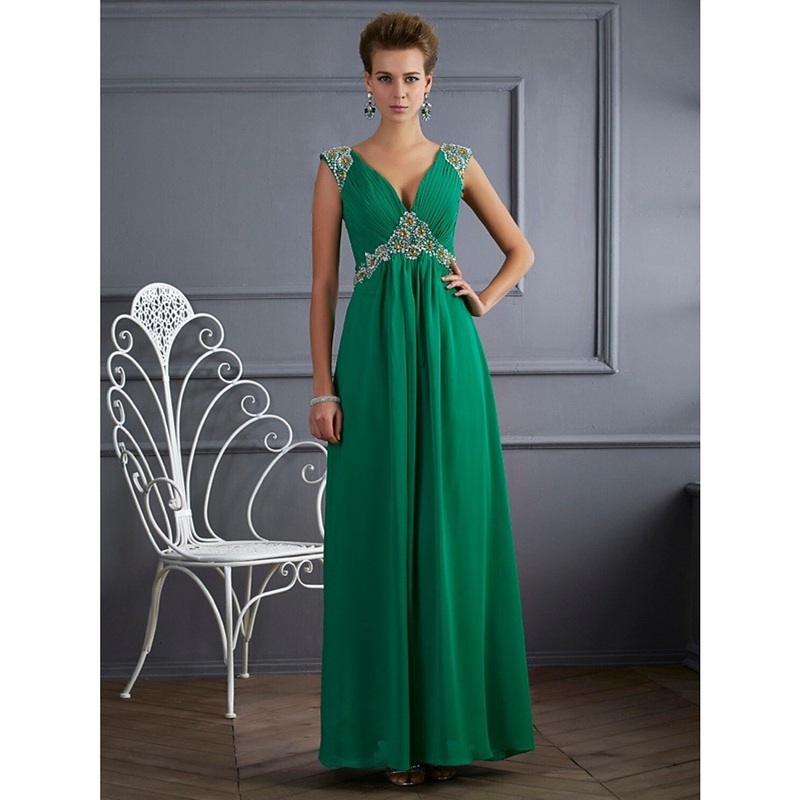 A-Line Evening Gown Sparkle & Shine Dress Formal Prom Floor Length Sleeveless V Neck Chiffon with Rhinestone Ruched