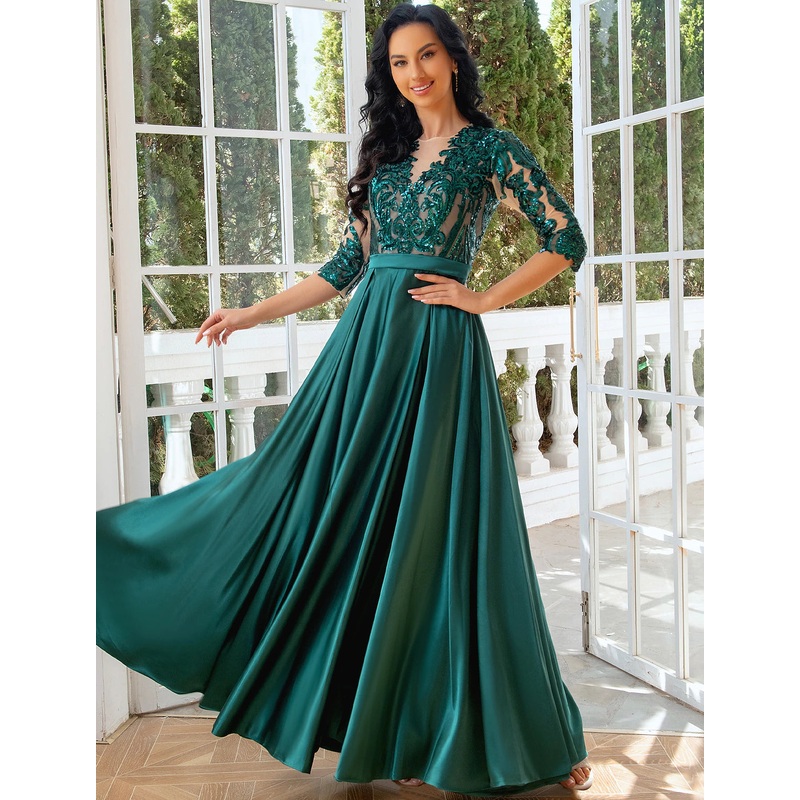 A-Line Evening Gown Sparkle & Shine Dress Wedding Party Birthday Floor Length Half Sleeve Illusion Neck Satin with Pleats Sequin Slit