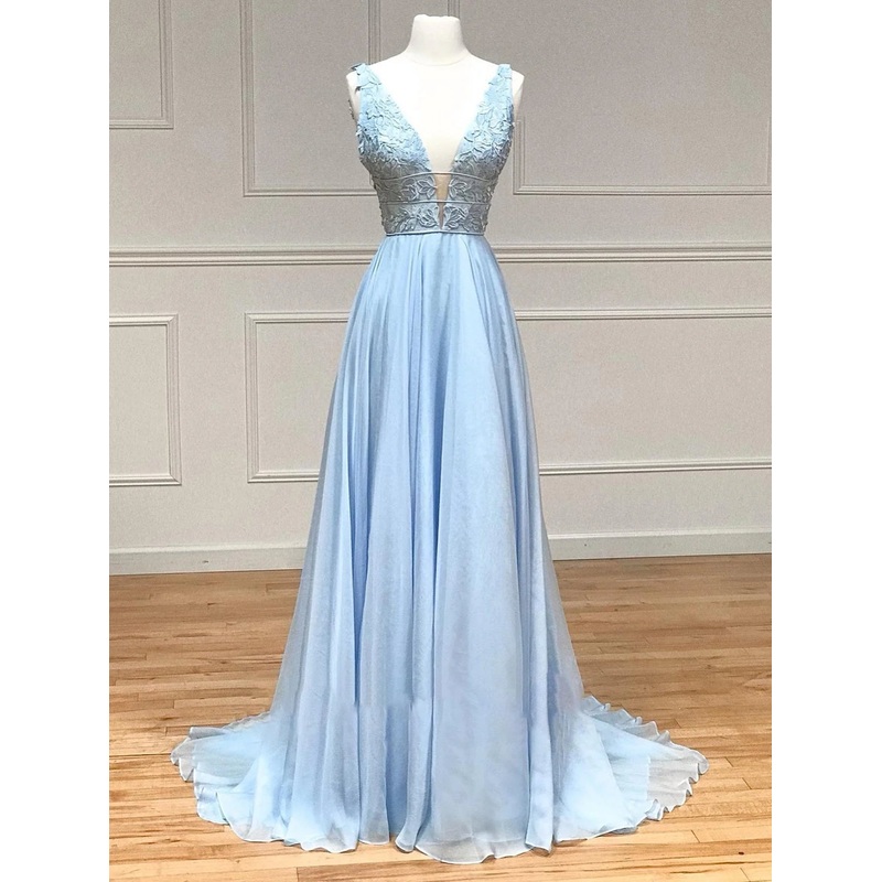 A Line Plunge V Neck Lace Chiffon Prom Dress