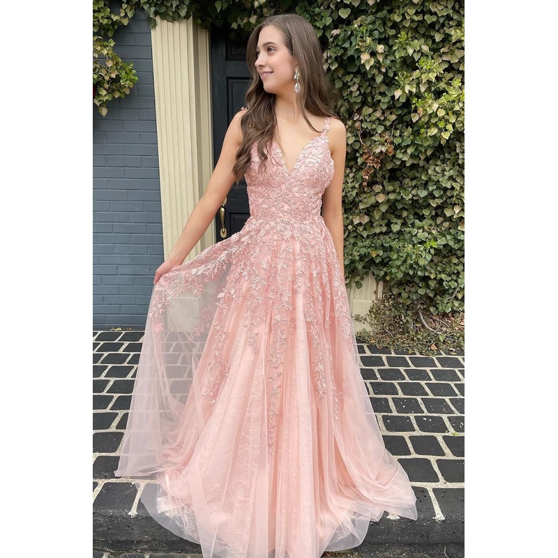 A Line Spaghetti Straps Light Pink Long Prom Dress with Appliques