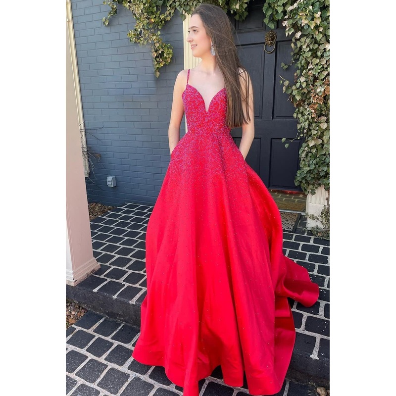 A Line Spaghetti Straps Red Long Prom Dress with Beading