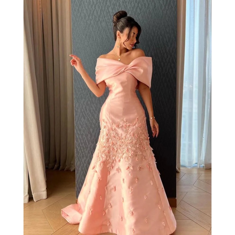 Blush Pink Floral Prom Dresses Off The Shoulder Applique Prom Dress 2025