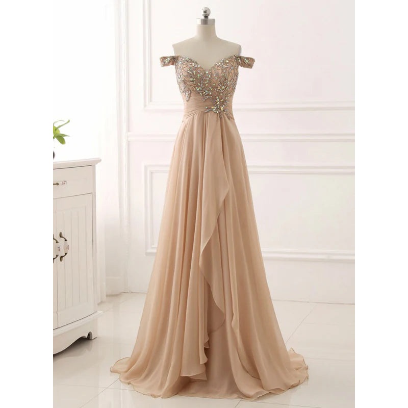 Champagne Chiffon Off The Shoulder Pleats Prom Dress With Crystal