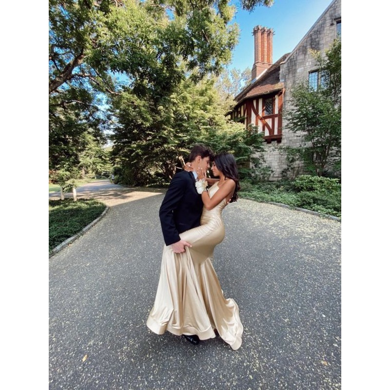 Discount Light gold one shoulder mermaid satin prom dresses