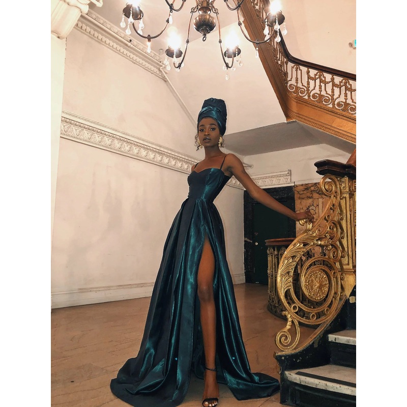 Discount Spaghetti straps long dark green prom dresses satin A-line evening prom dress