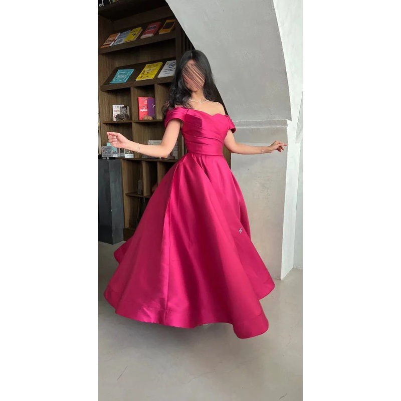 Fuchsia Off The Shoulder A-Line Party Dress Satin Prom Dress 2024