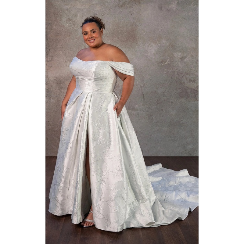 Off-the-Shoulder Plus Size Satin A-Line Wedding Dress with Pockets