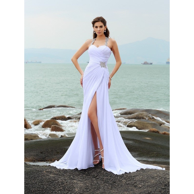 Sheath/Column Straps Beading Sleeveless Long Chiffon Beach Wedding Dresses