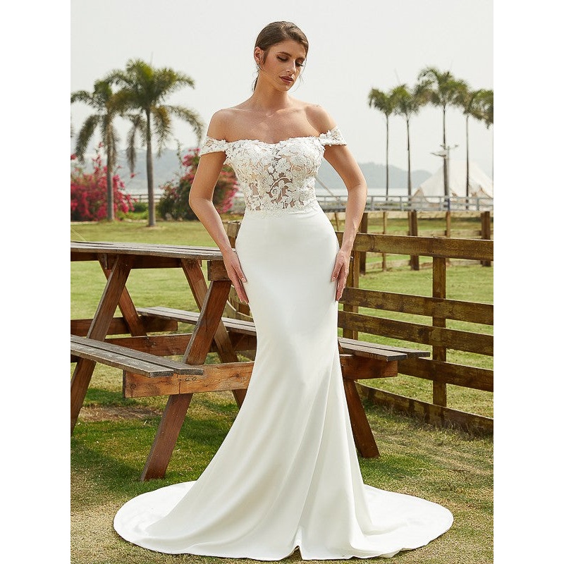 Sheath/Column Stretch Crepe Lace Off-the-Shoulder Sleeveless Court Train Wedding Dresses