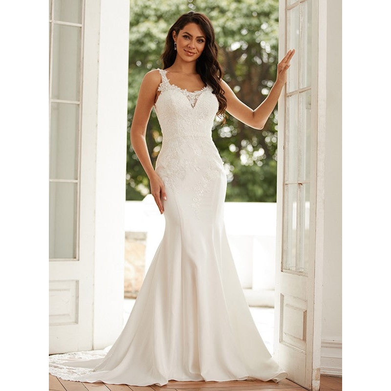 Sheath/Column Stretch Crepe Lace Straps Sleeveless Court Train Wedding Dresses