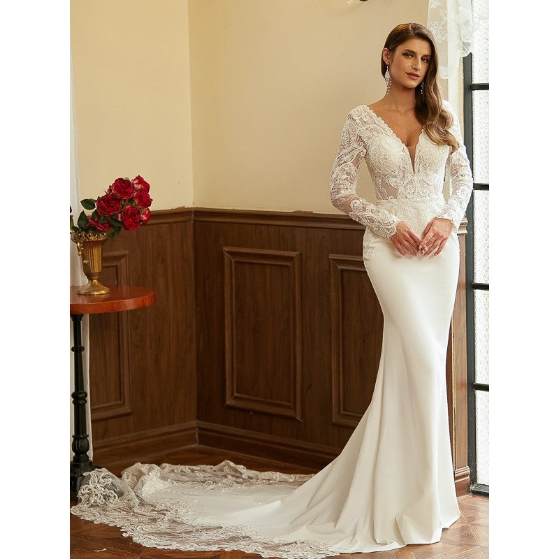 Sheath/Column Stretch Crepe Lace V-neck Long Sleeves Cathedral Train Wedding Dresses