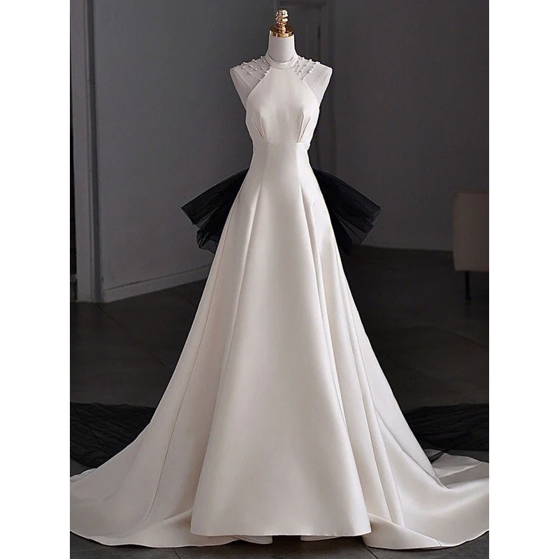 White Satin Halter Backless Wedding Dress