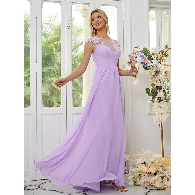 A-Line/Princess Chiffon Applique Scoop Short Sleeves Floor-Length Bridesmaid Dresses