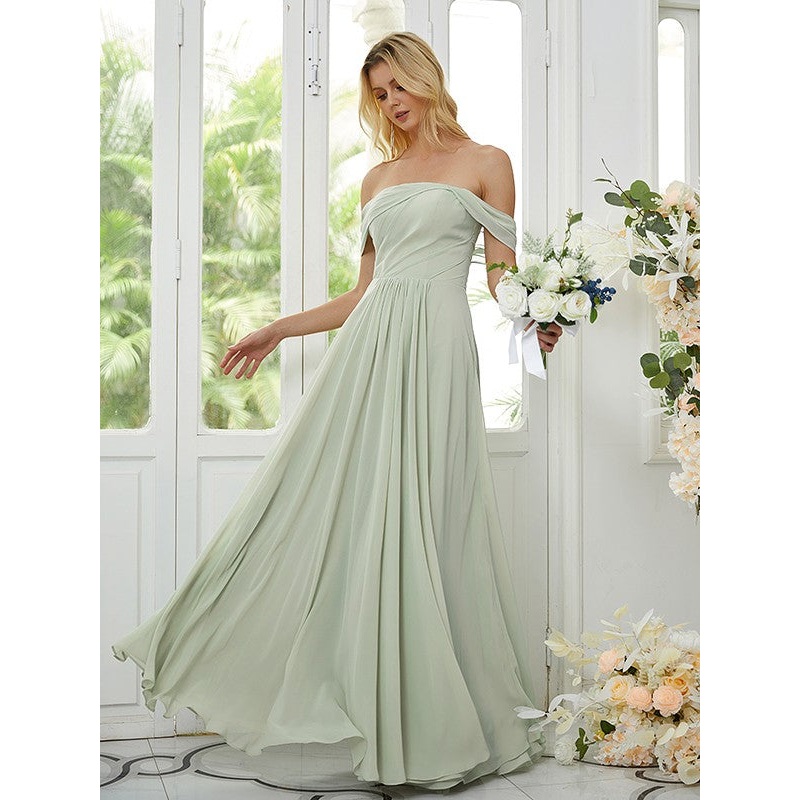 A-Line/Princess Chiffon Ruched Off-the-Shoulder Sleeveless Floor-Length Bridesmaid Dresses