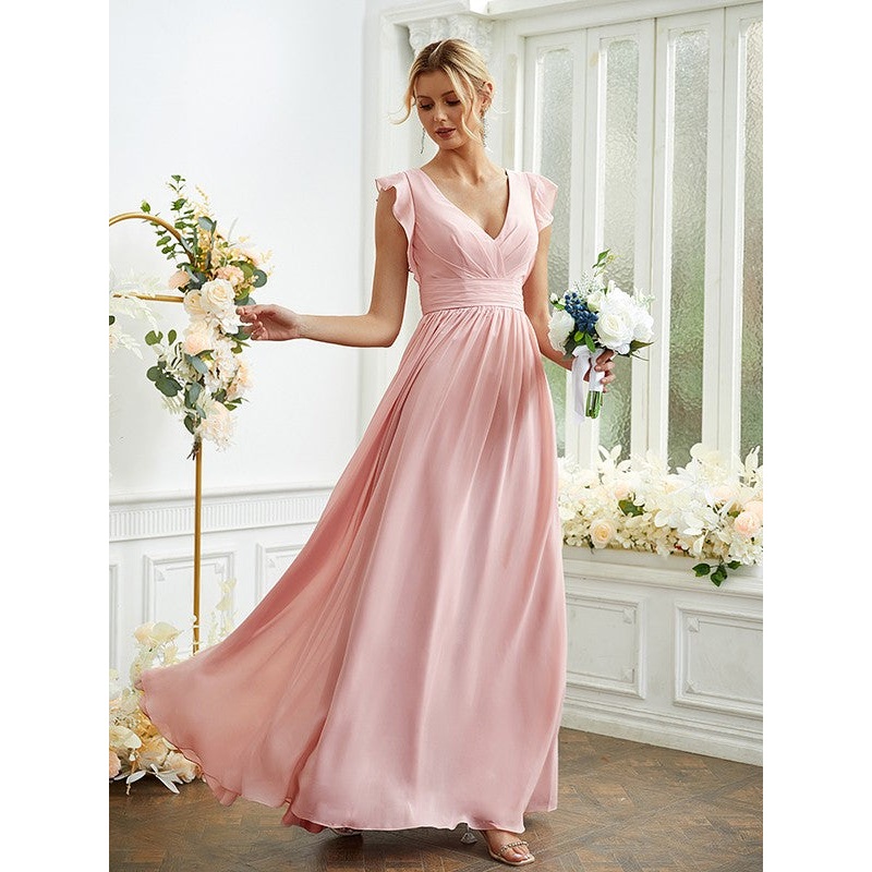 A-Line/Princess Chiffon Ruched V-neck Sleeveless Floor-Length Bridesmaid Dresses