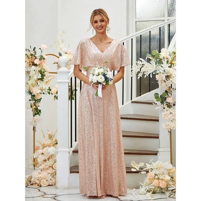A-Line/Princess Ruched V-neck Short Sleeves Floor-Length Bridesmaid Dresses