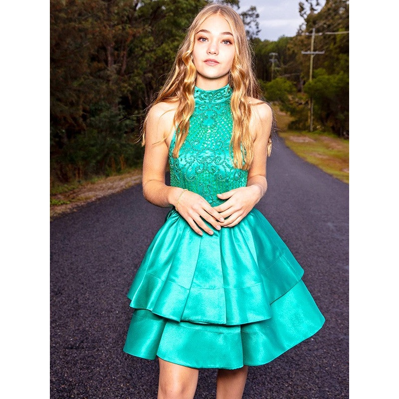 A-Line/Princess Satin Sleeveless Beading Jewel Short/Mini Homecoming Dresses