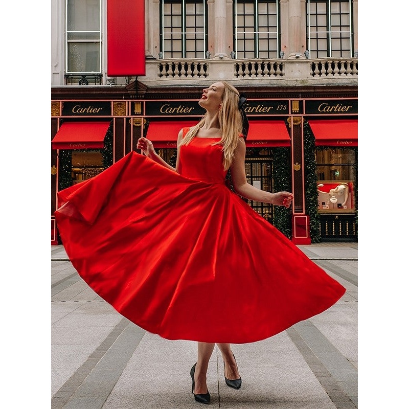 A-Line/Princess Satin Square Bowknot Sleeveless Tea-Length Homecoming Dresses