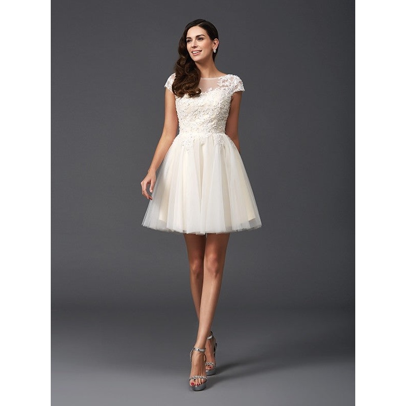 A-Line/Princess Scoop Applique Short Sleeves Short Net Dresses