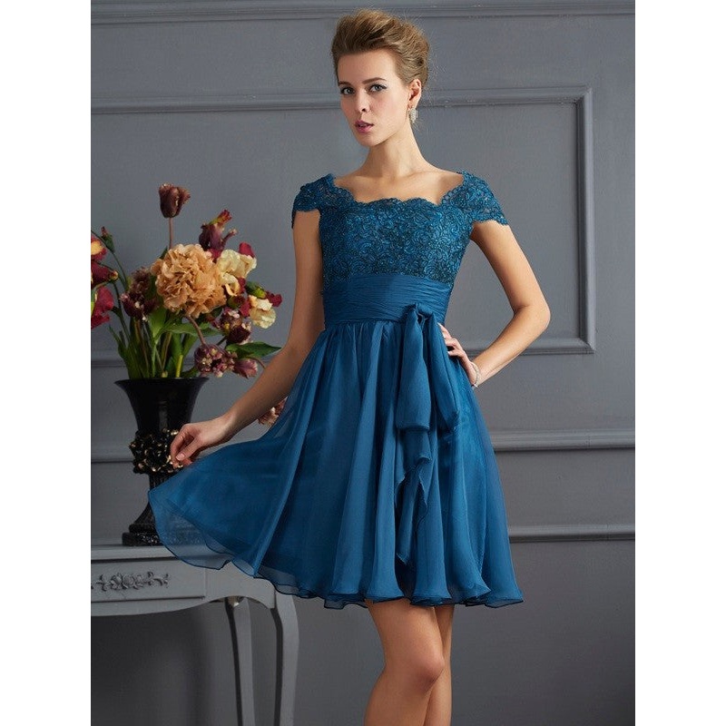 A-Line/Princess Scoop Short Sleeves Lace Short Chiffon Bridesmaid Dresses