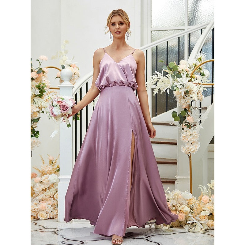 A-Line/Princess Silk like Satin Ruched V-neck Sleeveless Floor-Length Bridesmaid Dresses