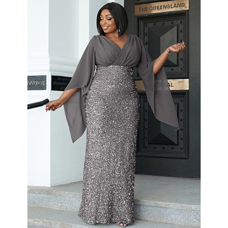 Mermaid / Trumpet Wedding Guest Dresses Plus Size Dress Cocktail Party Floor Length Long Sleeve V Neck Fall Wedding Guest Sequined with Glitter Slit