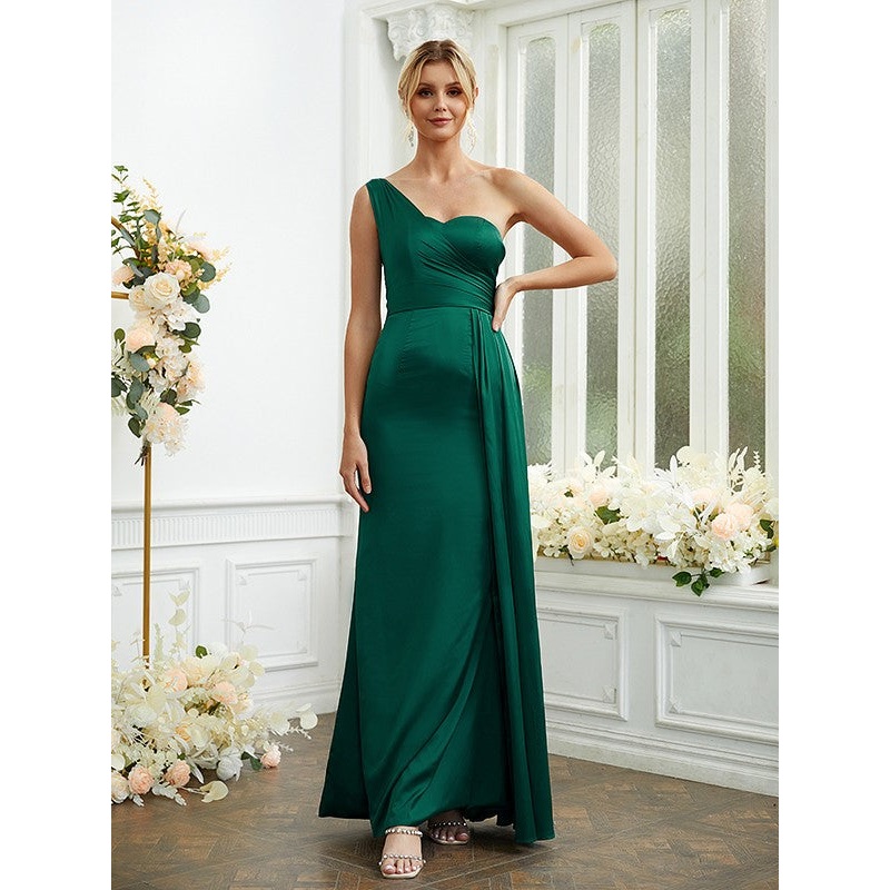 Sheath/Column NS Elastic Woven Satin Ruched One-Shoulder Sleeveless Floor-Length Bridesmaid Dresses