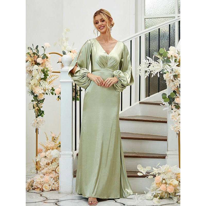 Sheath/Column Silk like Satin Ruched V-neck Long Sleeves Floor-Length Bridesmaid Dresses