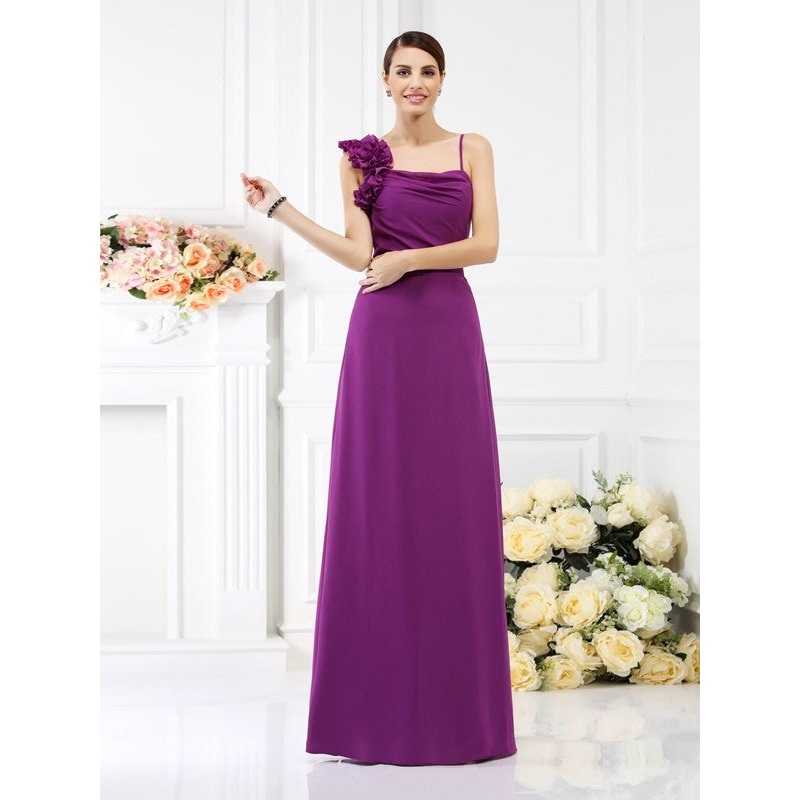 Sheath/Column Spaghetti Straps Hand-Made Flower Sleeveless Long Chiffon Bridesmaid Dresses
