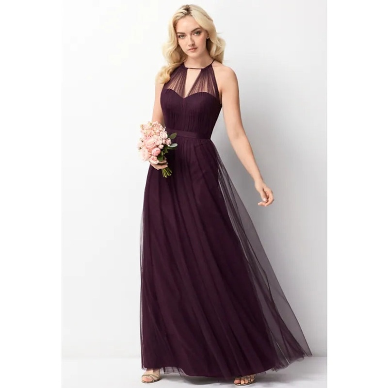 A-Line Bridesmaid Dress Halter Neck Sleeveless Elegant Floor Length Chiffon  Tulle with