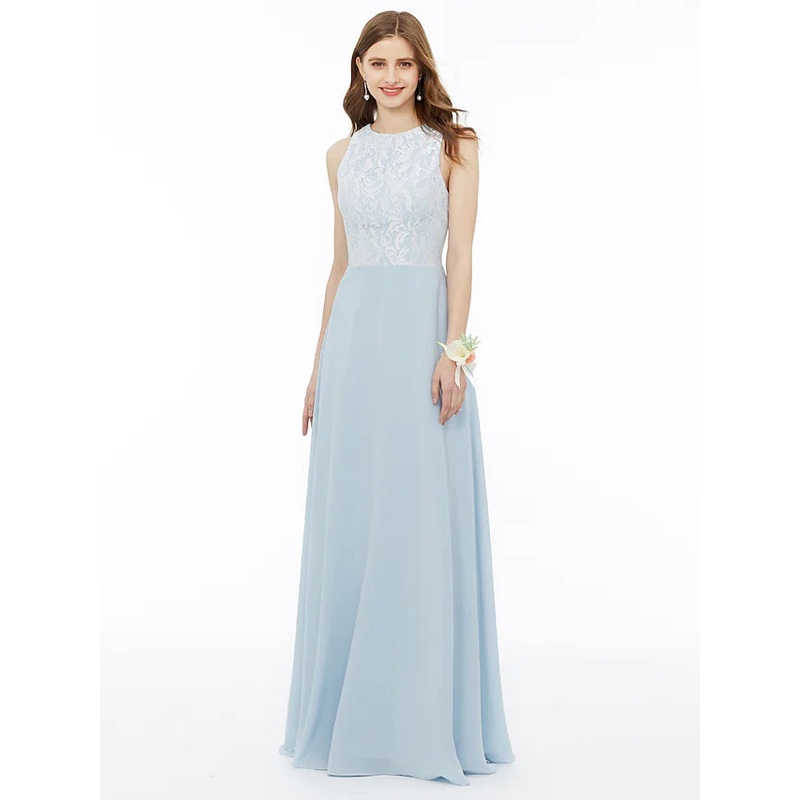 A-Line Bridesmaid Dress Jewel Neck Sleeveless Floor Length Chiffon   Metallic Lace with Pleats  Draping  Appliques