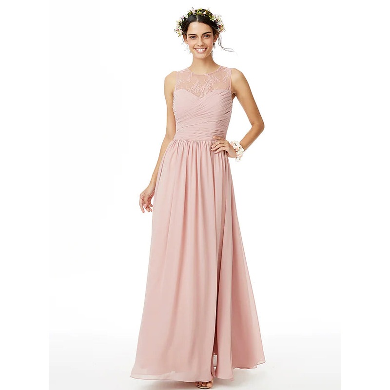 A-Line Bridesmaid Dress Jewel Neck Sleeveless See Through Floor Length Chiffon  Lace with Lace  Criss Cross  Pleats