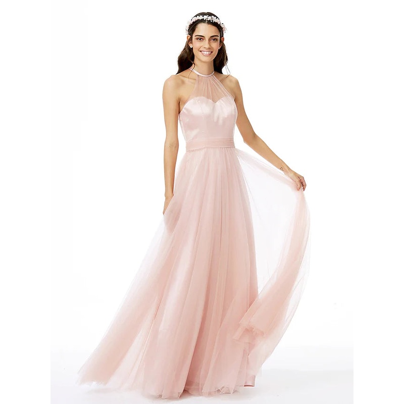 A-Line Bridesmaid Dress Jewel Neck Sleeveless See Through Floor Length Tulle with Sash   Ribbon   Pleats