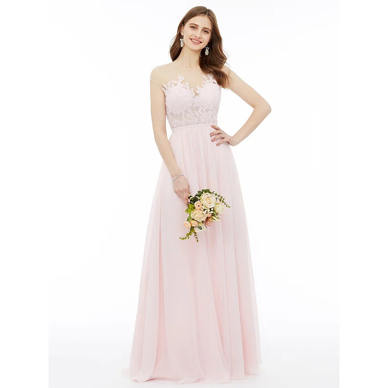 A-Line Bridesmaid Dress  Neck Sleeveless  Detail Floor Length Chiffon   Floral  Lace with Sash  Ribbon  Appliques