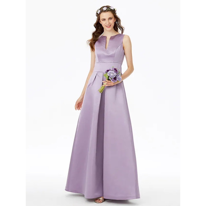 A-Line Bridesmaid Dress Notched Sleeveless Elegant Floor Length Satin with Pleats  Pocket
