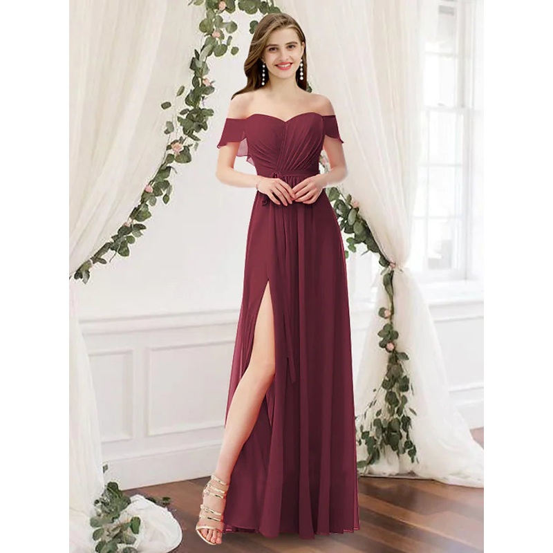 A-Line Bridesmaid Dress Off Shoulder Sleeveless Elegant Floor Length Chiffon with Pleats  Split Front