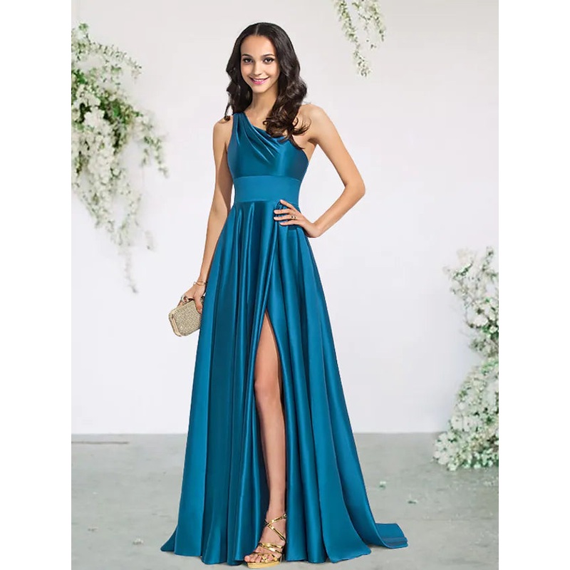 A-Line Bridesmaid Dress One Shoulder Sleeveless  Brush Train  Charmeuse with  Pleats  Split  Front