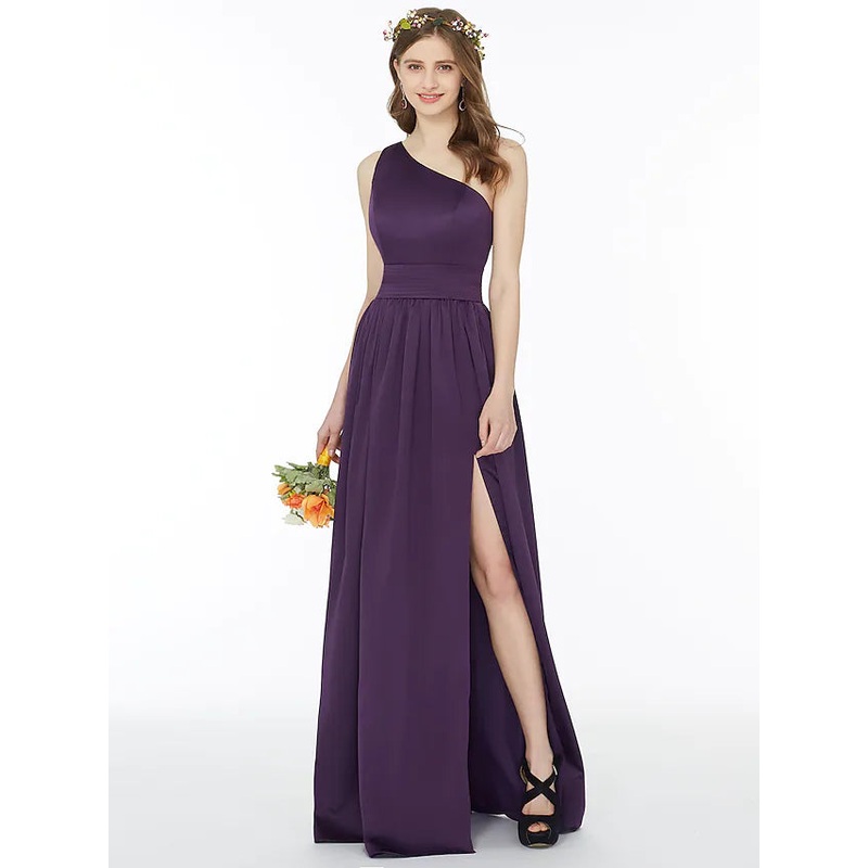 A-Line Bridesmaid Dress One Shoulder Sleeveless Floor Length Chiffon with Sash  Ribbon  Pleats  Split Front