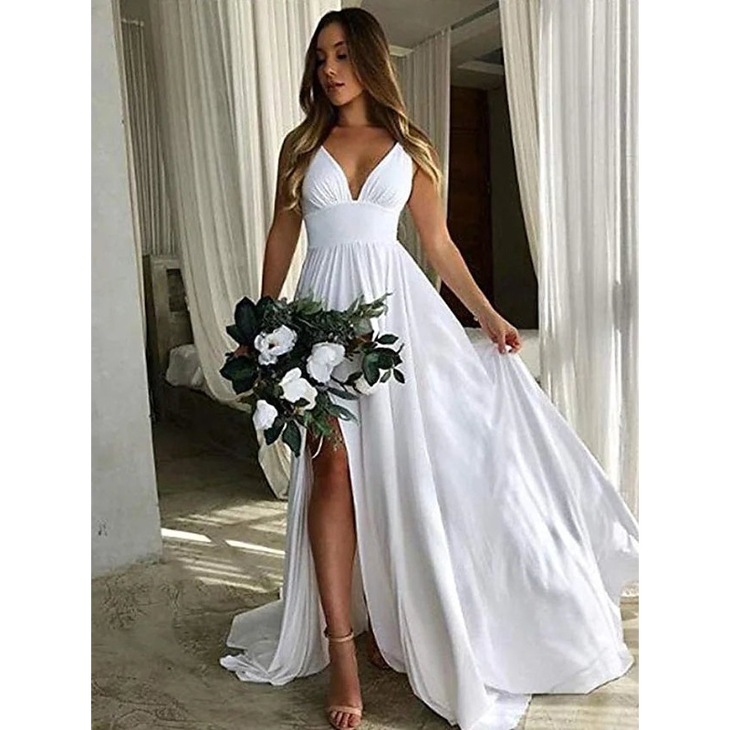 A-Line Bridesmaid Dress Plunging Neck Sleeveless  Floor Length Chiffon with Pleats  Split Front