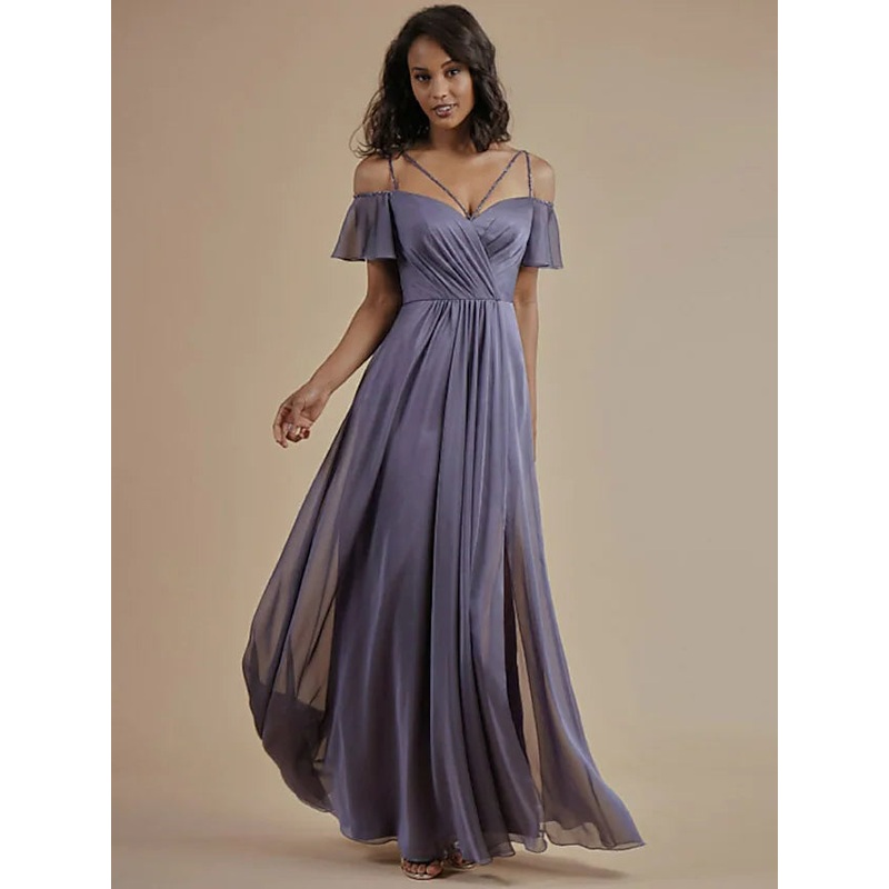 A-Line Bridesmaid Dress Spaghetti Strap Short Sleeve Open Back Floor Length Chiffon with Beading  Split Front
