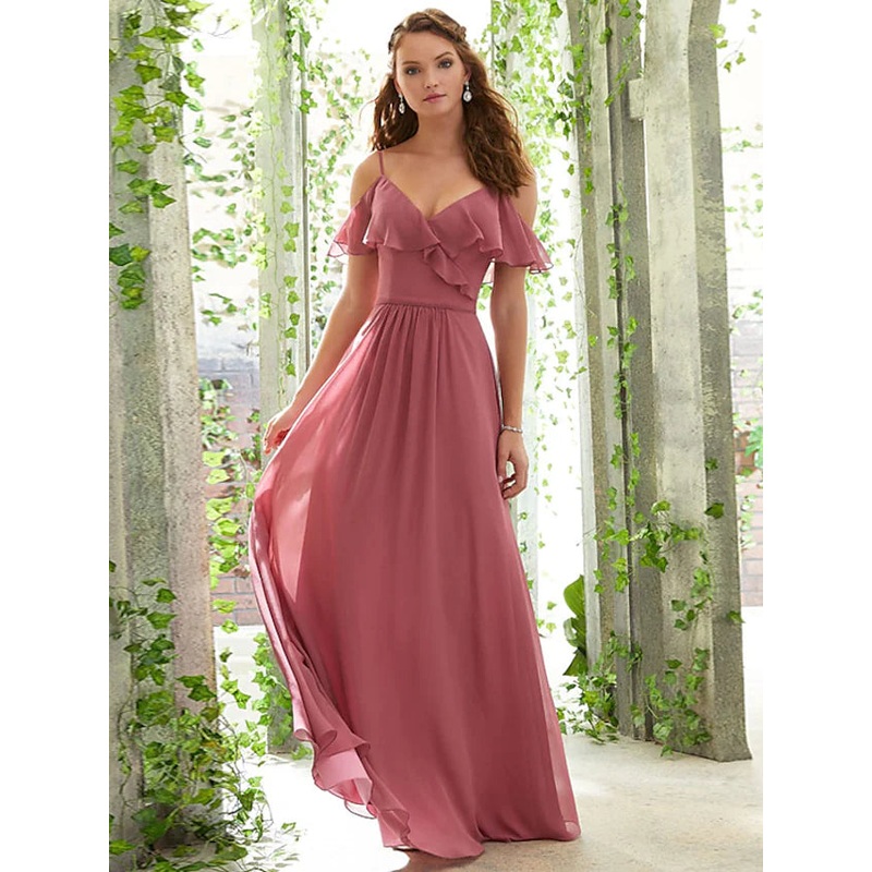 A-Line Bridesmaid Dress Spaghetti Strap Short Sleeve Open Back Floor Length Chiffon with Ruffles  Ruching