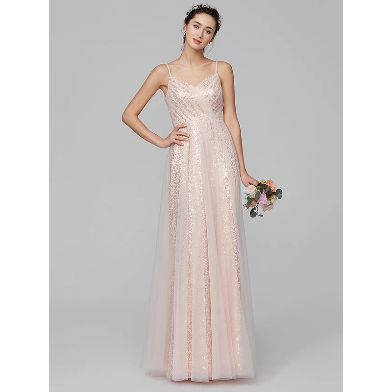 A-Line Bridesmaid Dress Spaghetti Strap Sleeveless Floor Length Tulle  Sequined with Pleats  Sequin