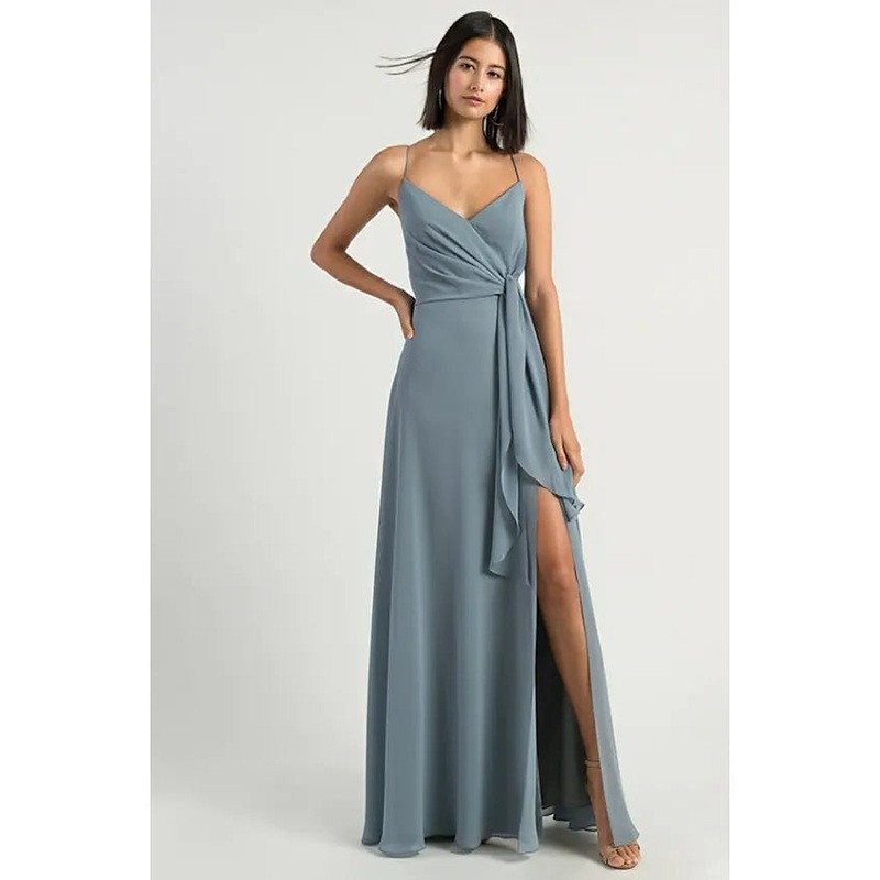 A-Line Bridesmaid Dress Spaghetti Strap Sleeveless Open Back Floor Length Chiffon with Split Front