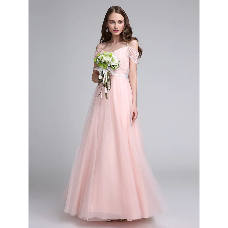 A-Line Bridesmaid Dress Spaghetti Strap Sleeveless Open Back Floor Length Lace Over Tulle with Lace  Sash  Ribbon